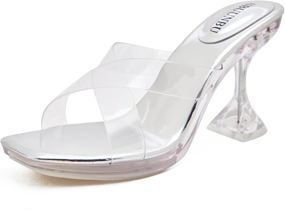 NBUUNBU Clear High Heels for Women Sexy Transparent Cross Straps Cinderella Shoes Little Platform High Heel Comfortable Stilletos Square Toe Sandals Pump Mules