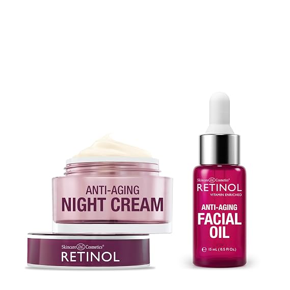 Retinol Night Cream Works While You Sleep to Restore and Reduce Fine Lines and Wrinkles + Retinol Anti-Aging Facial Oil With Nine Essential Oils, Restores Hydration and Nourishment