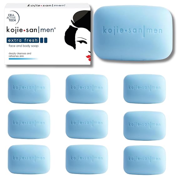 Kojie San Men Extra Fresh Face and Body Soap The Original Kojie Soap for Men Deep Cleansing & Skin Refreshment 135g x 10 Bar