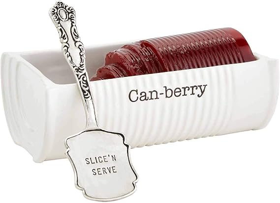 Mud Pie Can-Berry Ceramic Cranberry Serving Dish, Includes Spatula | Holds 1 Can Cranberries, Holiday, Thanksgiving, and Christmas Novelty Serveware, White, Cranberry Dish Server