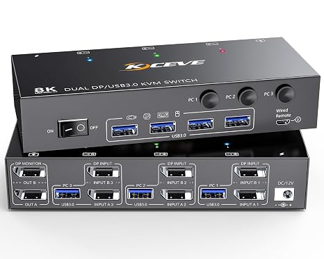 8K Displayport KVM Switch 2 Monitors 3 Computers 8K@60Hz 4K@144Hz,Camgeet Dual Monitor KVM Switch Displayport with 4 USB 3.0 Ports for USB Devices,Wired Remote and 12V Power Adapter Included