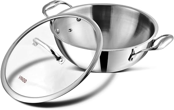 Vinod Platinum Triply Stainless Steel Kadai with Glass Lid Triply Kadai with Heavy Bottom Induction Friendly Triply Stainless Steel Cookware Kadhai (26 cm Diameter)