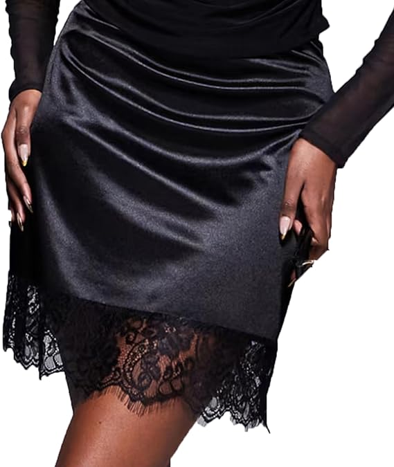 Women Lace Satin Mini Skirt Y2K Lace Trim Silk Slip Skirt Low Rise Bodycon Short Underskirt Streewear