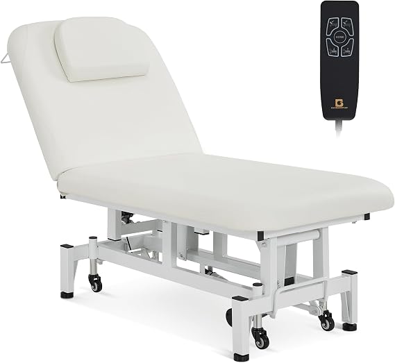 BarberPub Electric Facial Bed Dual Motors Wheeled Salon Spa 2750 White | Dual motor electric height adjustment, foot-lock casters, removable headrest with face cradle. PVC leather, iron frame.