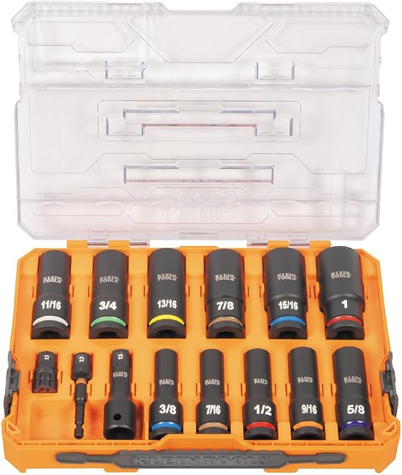 Klein Tools 65111IMPCT KNECT Deep-Well Impact Socket Set, 1/2-Inch Drive, SAE, Color Coded, MODbox Case, Impact Adapter and Extension, 14-Piece
