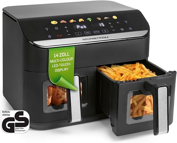 GOURMETmaxx AirGenius Hot Air Fryer 9 L - 2 x 4.5 L Airfryer Deep Fryer with 8 Programmes Hot Air Fryer 2 Chambers - 2 Food at the Same Time for Max. 8 People Multi-Colour Touchscreen