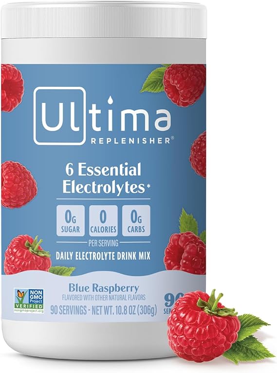 Ultima Replenisher Daily Electrolyte Powder Drink Mix, 90-Serving Canister | Zero Sugar Blue Raspberry Hydration Powder with 6 Electrolytes & Minerals - Sugar Free, Plant-Based & Keto Friendly