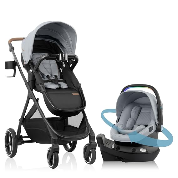 Evenflo Shyft Intuiti+ Travel System w/ Revolve180 LiteMax NXT Rotating Car Seat | with SensorySoothe, Green & Gentle Fabric, SensorSafe, Infant/Preemie Lightweight Car Seat, Rear-Facing 3-30 lbs (Quartz)