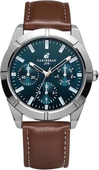 CARIBBEAN JOE Mens Analog Watch with Teal Sunray Dial, Silver-Tone 43mm Round Case, Decorative Subdials, Brown Vegan Leather Strap, Quartz Movement, Casual Dress Wrist Watch for Men