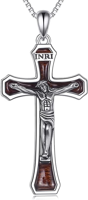 YAFEINI Cross Necklace S925 Sterling Silver Wood Cross/Crucifix/Abalone Cross Pendant Necklace Religious Christian Jewelry Gift for Men Male