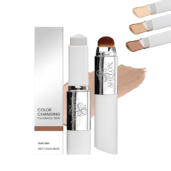 Color Changing Foundation Stick- Korean Color-Changing Foundation Stick with Volufiline - Medium to Full Coverage Dewy Finish Base Makeup - Dual-Ended with soft Brush, Portable for Daily Use-Deep Skin