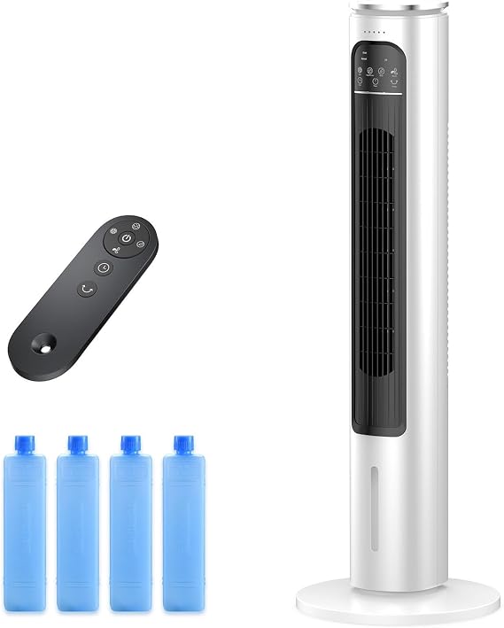 Windowless Portable Air Conditioner Ac Unit with Remote,37 Ventless Evaporative Air Cooler,Quiet Swamp Cooler for 4 Modes, Ductless Tower Fan For 12H Timer, Ice Packs for home Bedroom Indoor White