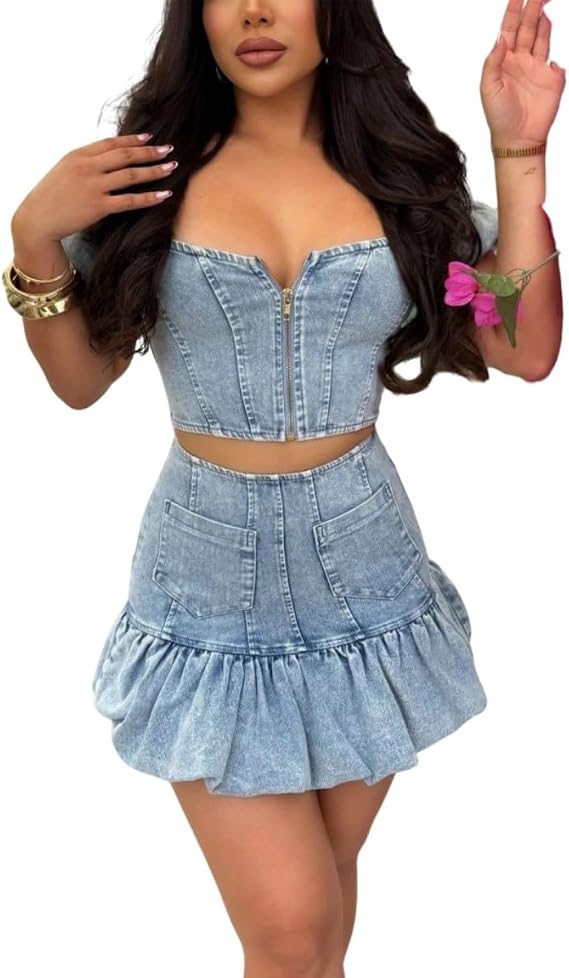 ksotutm 2 Piece Denim Skirt Set for Women Off Shoulder Tube Top A-Line Ruffle Mini Jean Skirt Beach Vacation Outfits