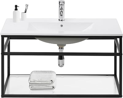 ALBAD Floating Bathroom Vanity with Sink 36 Inch Metal Frame Wall Mounted Bathroom Vanity Cabinet with Ceramic Sink and Glass Open Storage Shelves