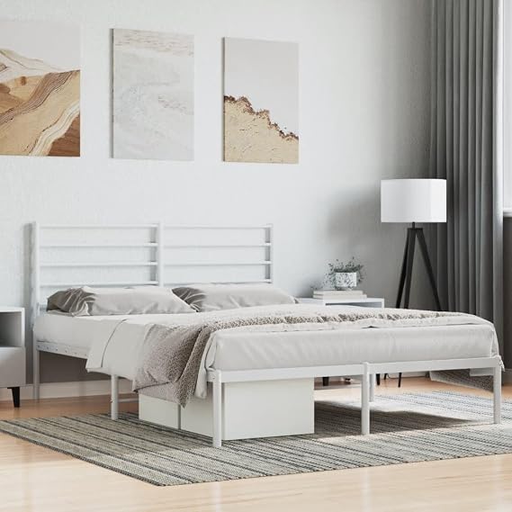Homgoday White Metal Bed Frame with Headboard, 150 x 200 cm, Bed Frame for Living Room Bedrooms