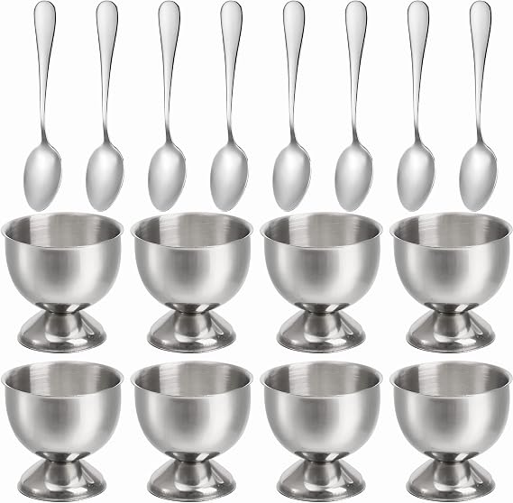 Elsjoy 8 Pack Egg Cup Holders with 8 Spoons, Stainless Steel Egg Cups Set for Soft & Hard Boiled Eggs, Kitchen Tools, Breakfast