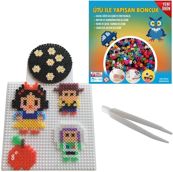 Ütü ile Yapışan 3000'li Renkli Boncuk-Tabla-Cımbız 3'lü Set
