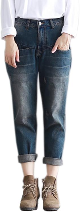 Hotmiss Women's Casual Loose Distressed Baggy Harem Denim Jeans Cropped Pants