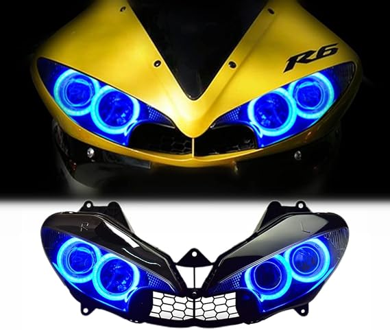 KT R6 2003-2005 Headlight, 4 Blue Demon Eyes | White Angel Eye, DRL, Dual High/Low Beam