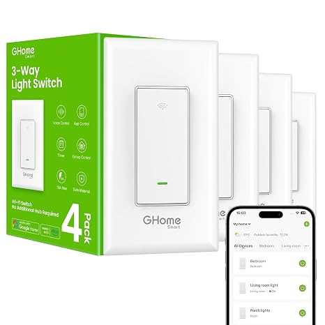 GHome Smart Switch, 3-Way Wi-Fi Light Switch Compatible with Alexa and Google Home, 2.4GHz Schedule Timer, Neutral Wire Required, 3-Way Installation, FCC Listed (4 Pack), White