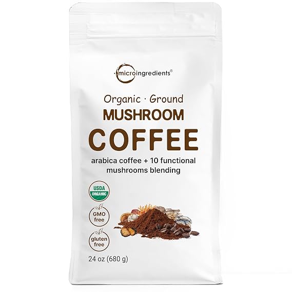 Micro Ingredients Organic 10 in 1 Ground Mushroom Coffee, 24 Ounce | Premium Arabica Coffee with Lion's Mane, Chaga, Reishi, More | Smooth Medium Roast, Clean Energy, Immune Support