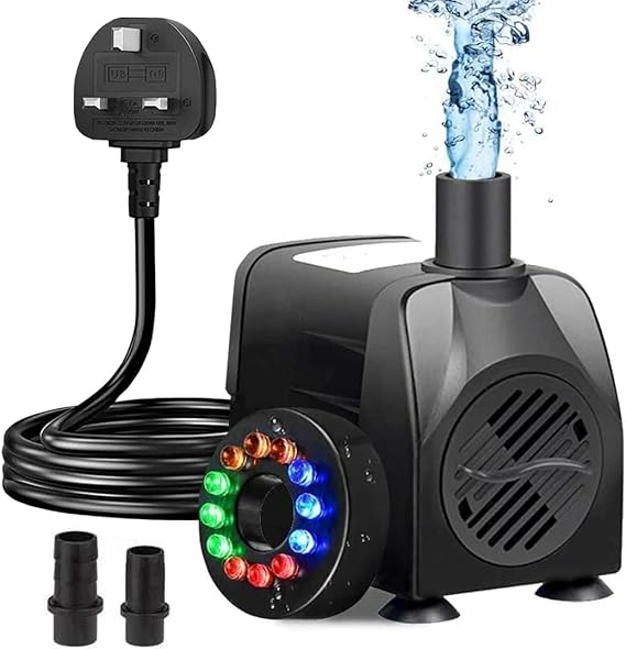 Submersible Water Pump, 16W 800L/H Adjustable Fountain Pump with 12 Color LED Light for Water Feature Outdoor Small Pond, Indoor or Outdoor Fountain with 1.45M Power Cord and 2 Nozzles