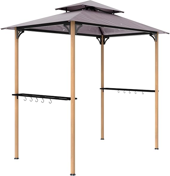 Outsunny 8' x 5' Grill Gazebo, Double-Tiered Outdoor BBQ Gazebo with Shelves & Hooks, Rustic Metal Brown, UV & Water Resistant