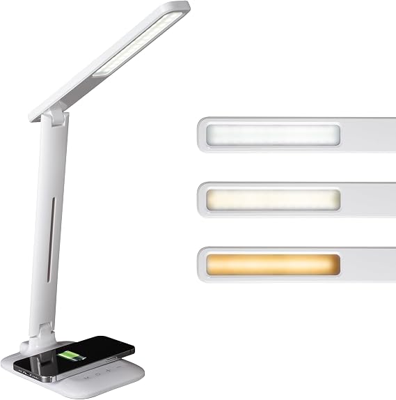 OttLite Charge Up LED Task Lamp with Wireless Charging, White | ClearSun LEDs Reduce Eyestrain | 3 Color Temperature Modes | Adjustable Flexible Neck