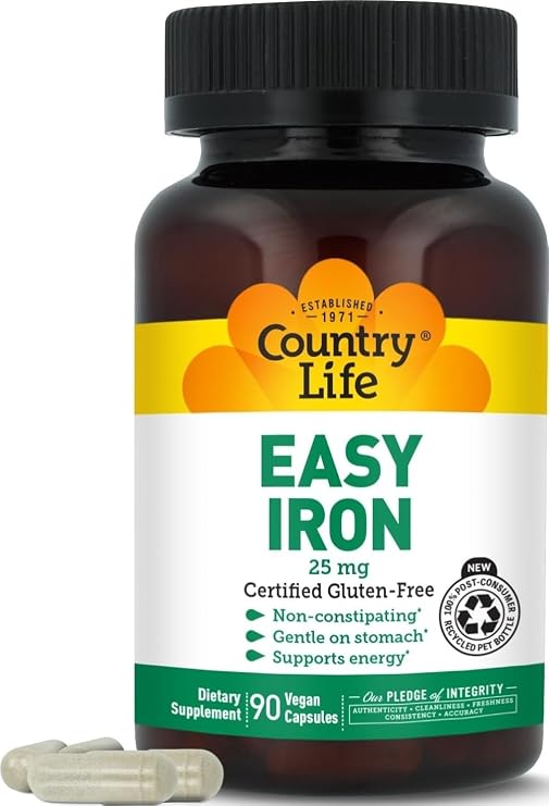 Country Life Easy Iron 25 mg with Ferrochel, 90 Capsules | Non-constipating and gentle on the stomach, Certified Gluten-Free, Vegan and Kosher Parve