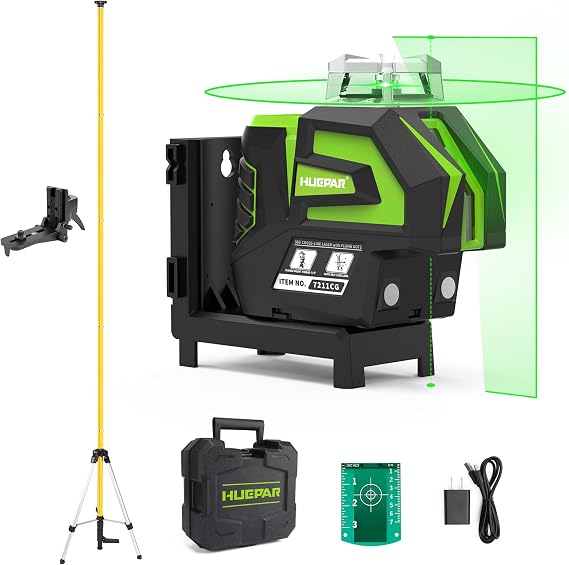 Huepar Self-Leveling Green Laser Level Cross Line with 2 Plumb Dots Laser Tool -360 Horizontal Line Plus Large Fan Angle of Vertical Beam -Li-ion Battery with Type-C Charging Port -7211CG & LP36