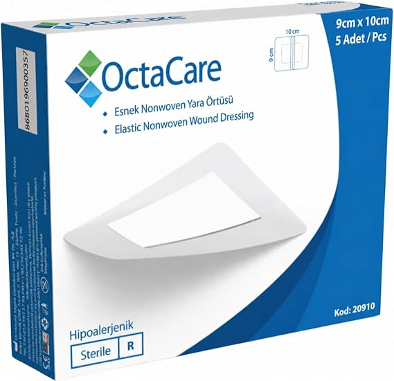 OctaCare Yapışkanlı Yara Örtüsü, Elastik Nonwoven Yara Bandı, Steril, Hipoalerjenik, 9cm x 10cm, 5 Adet (5 li paket)