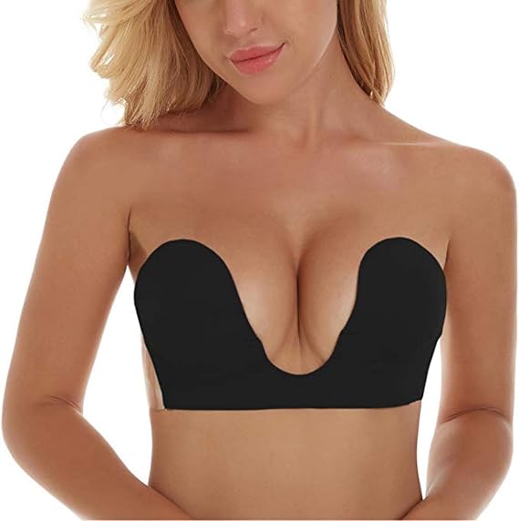Adhesive Bra Invisible Bra Backless Strapless Bra Reusable Sticky Deep Plunge Silicone Push Up No Show Adhesive Bras(D,Black)