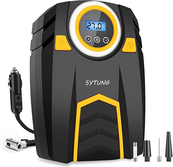 Digital Tyre Inflator, Portable Air Compressor Car Tyre Pump with 3 Nozzle Adaptors and Digital LED Light, 12V Rapid Tyre Inflator Air Compressor for Car Tires and Other Inflatables