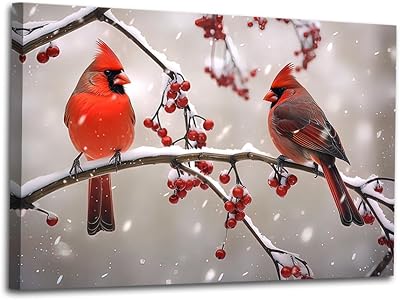 ZHOUWALLPIC Northern Cardinals Canvas Wall Art Abstract Red Birds on Branch Paintings Christmas Birds Artwork Picture Prints Home DecorChristmas-2,12.00 x 18.00