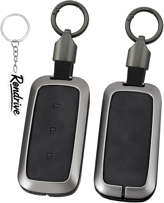 Compatible with Geely EX5 Starray EM-i 2025 2026 Metal Leather Key Case Car Key Protection Remote Control Cover Key Shell Cover mit Keychain 3 Buttons-C Black