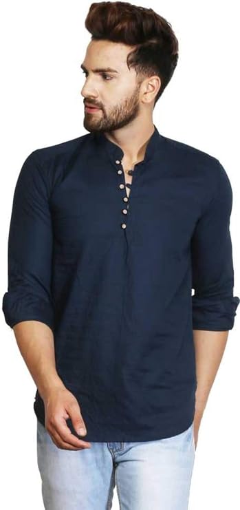 Men's Tunic Cotton Navy Blue Kurta/Shirt Indian Casual Summer Kurta Only (Large)