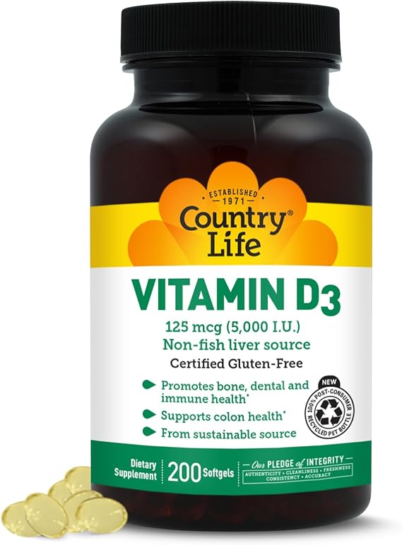 Country Life Vitamin D3 125 mcg 5000 IU, Gluten-Free, 200 Softgels | Supports bone, dental, immune and colon health while helping the body absorb calcium