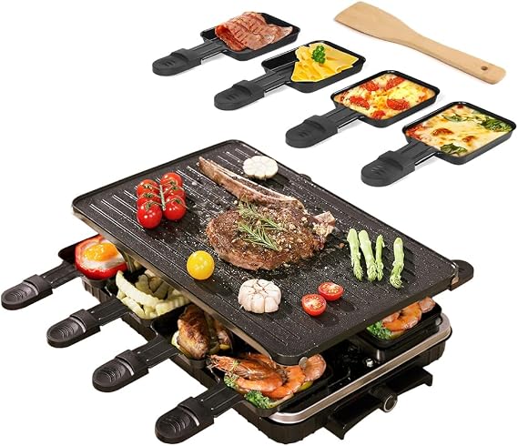 YUEWO Raclette Grill 2 in 1 BBQ Grill with Reversible Non-stick Grill Plate Outdoor & Indoor Electric BBQ Grill 1300W Temperature Adjustable