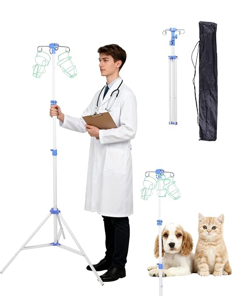 IV Pole Foldable Portable Infusion Stand with 3-Triangular Base & 4 Hooks, Adjustable Height Drip Bag Holder with Carry Bag, Stable for Home Care, Hospitals & Travel, White