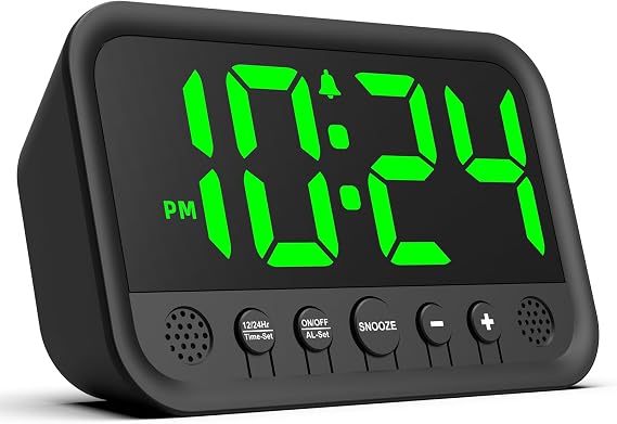 Small LED Digital Clock for Bedroom, Loud Alarm Clock for Heavy Sleepers Adults, Teens | Plug-In Electric Desk Clock | Simple Bedside Nightstand Clock with Adjustable Volume/Brightness/Snooze Green