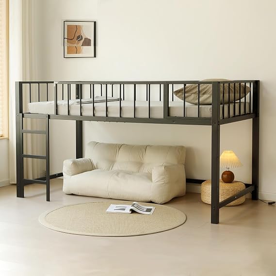 Loft Bed, Single, Low Type, Height 43.3 inches 110 cm, Loft, Pipe Bed, Vertical Ladder, Left and Right Interchangeable Bed Frame, Includes Ladder, Lower Storage, Steel, Space Saving, Load