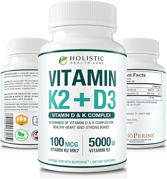 Max Absorption Vitamin K2 + D3 (5000IU) 90 Veggie Capsules From MK-7 (Menaquinone-7) and Cholecalciferol (With BioPerine) 3-Months Supply D3 with K2 For Healthy Heart and Strong Bones | Non-GMO