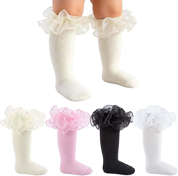 Baby Knee High Socks Girls Non Slip Long Socks Lace Ruffle Stockings for Newborn Infant Toddler Kids 0-8 Years Old