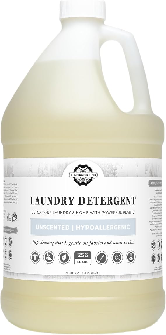 Rustic Strength Natural Laundry Detergent, Unscented, 1 Gallon Plastic | Sensitive Skin, HE Compatible, Freshness that Lasts, Septic and greywater Safe,Simple Ingredients, Thoughtful Formula