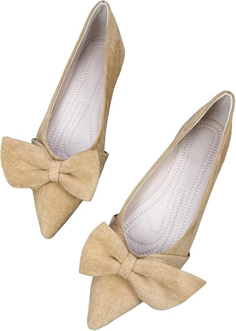 SAILING LU Bowknot Ballet Flats Cozy Womens Flat Shoes Pointy Toe Suede