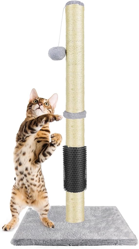 80cm Tall Cat Scratching Post, Cat Scratch Pole with Hanging Toy, Carpet Covered Base, Activity Center Climbing Tree Sisal Claw Scratcher Tower for Kittens, Adult Pets, Furniture Protector & Play Toy