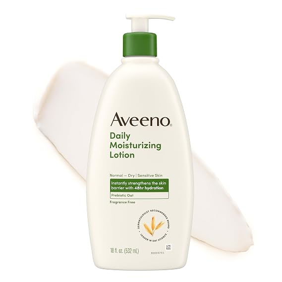 Aveeno Daily Moisturizing Body Lotion for Normal to Dry Skin, Moisturizer with Soothing Prebiotic Oat, Non Greasy, Non Comedogenic, Fragrance Free Body Lotion for Women & Men, 18 Fl Oz