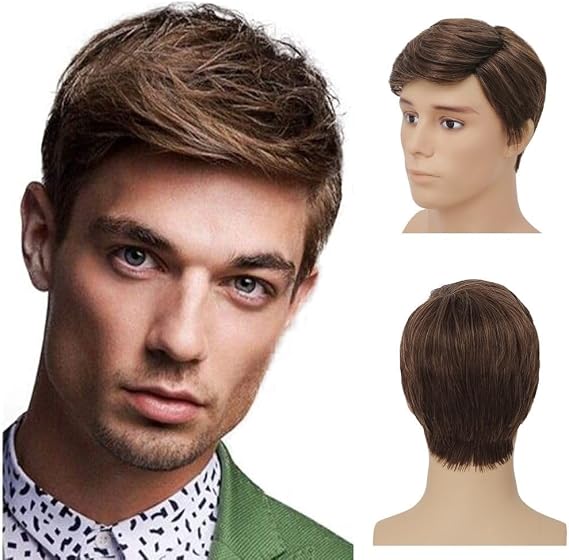 Brown Short Wigs for Men Straight Layered Synthetic Fiber Hair Wig for Daily Party Use