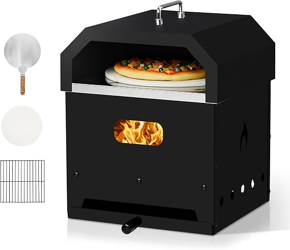 Outdoor Pizza Oven,4 in 1 Wood Fired Pizza Ovens,Outside Pizza Maker,Wood Burning Outdoor Pizza Oven,with Pizza Stone and Cooking Grill Grate,for Patio Picnic Party Camping Backyard BBQ (Black)