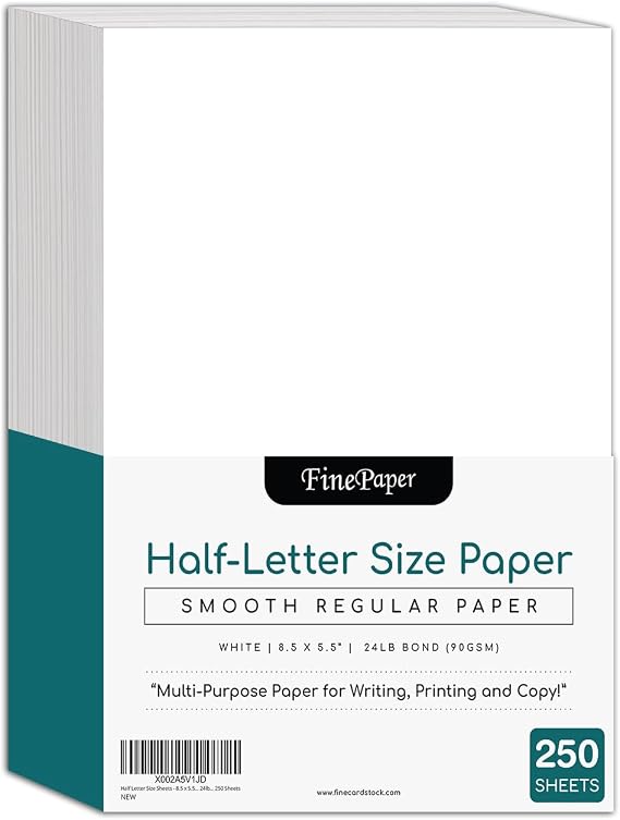 Half Letter Size Sheets - 8.5 x 5.5 Inches Copy Paper, White Memo Sheets, 24lb Thick Paper, 250 Sheets Per Pack (8.5 x 5.5)